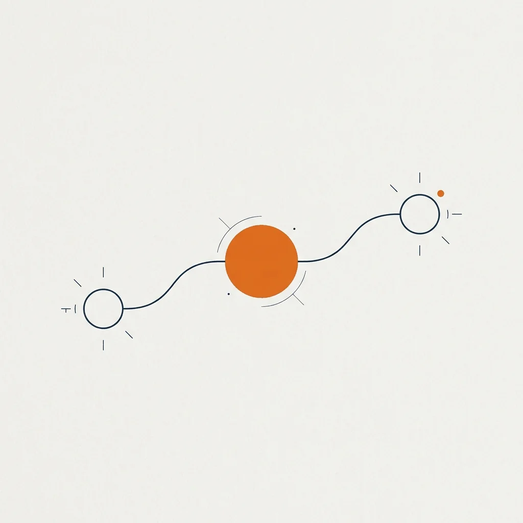 Ilustración editorial de tres nodos conectados representando diagnóstico, plan e implantación de IA