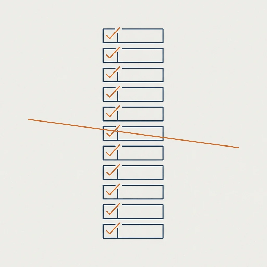 Ilustración editorial de columna de tareas con marcas de verificación, atravesada por línea naranja: tareas que se automatizan