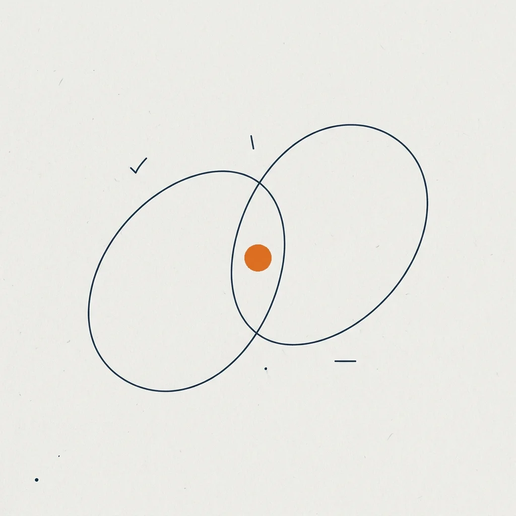 Ilustración editorial: dos formas que se solapan con un punto naranja en la intersección, simbolizando una conversación breve