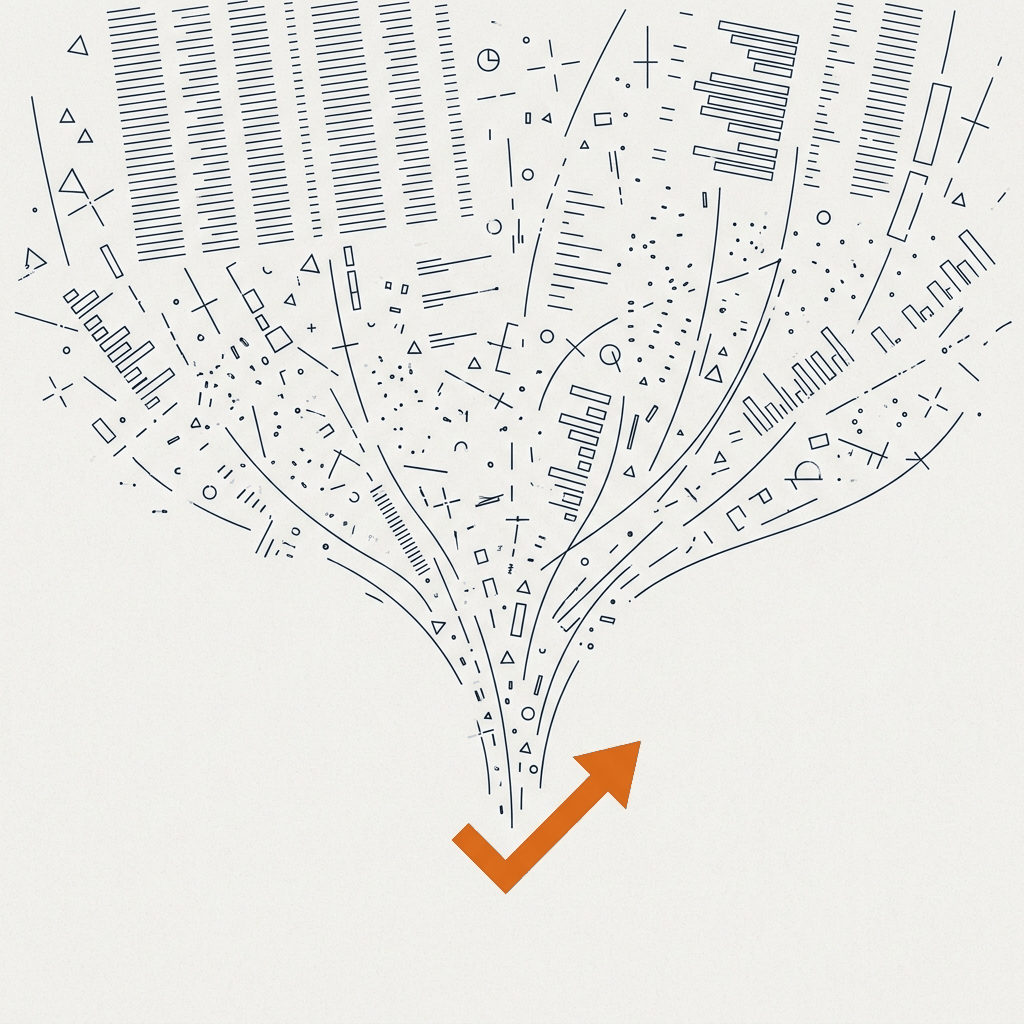 Ilustración editorial: capas de datos heterogéneos convergiendo en una flecha de decisión clara