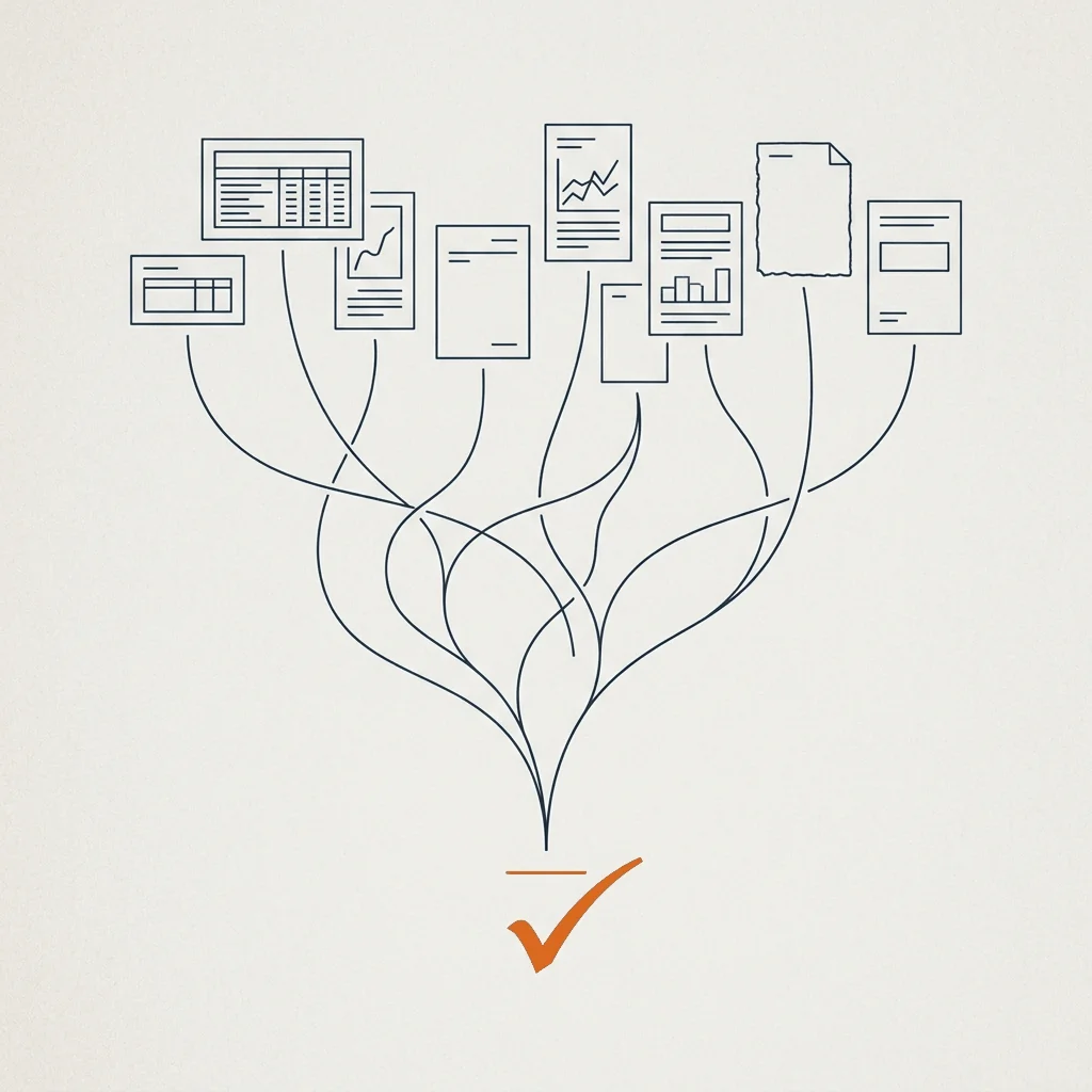 Ilustración editorial: documentos diversos en la parte superior cuyas líneas convergen como cuenca hidrográfica en una marca de verificación naranja