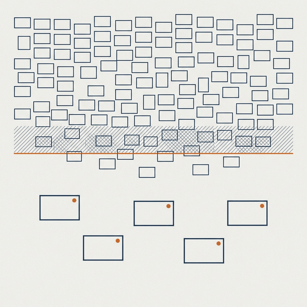 Visualización editorial de cribado de empresas: muchos candidatos arriba, pocos cualificados abajo