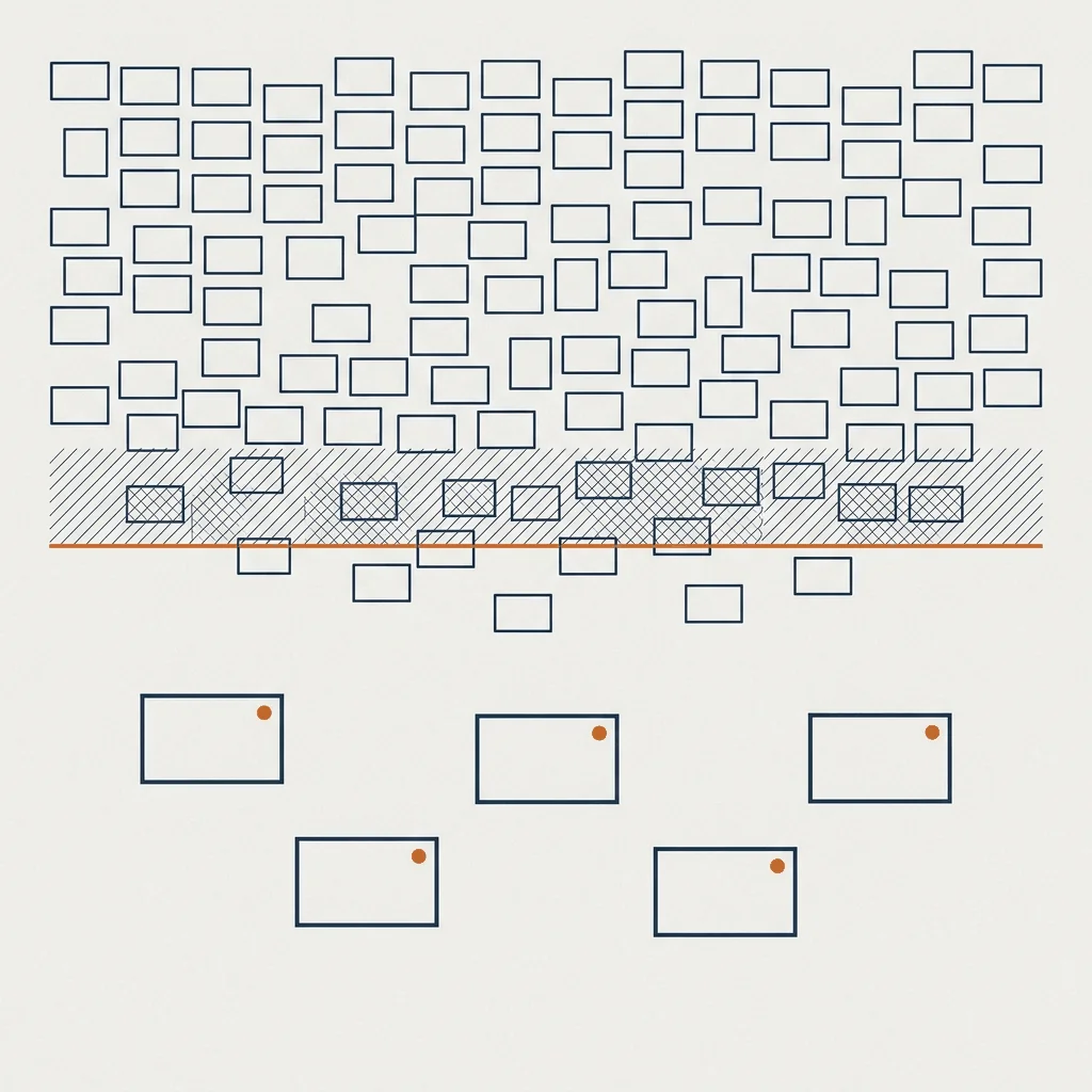 Cribado de empresas: muchas candidatas arriba, pocas seleccionadas abajo