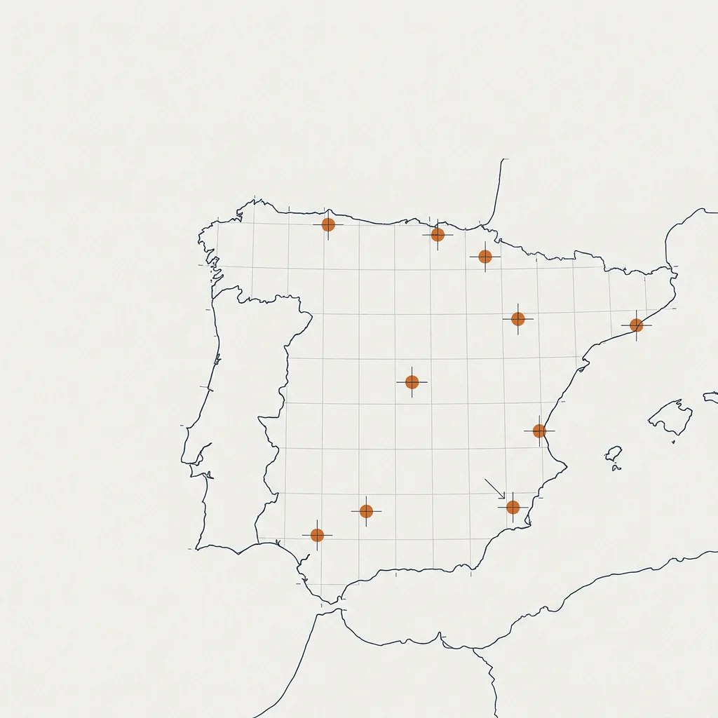 Mapa de la península ibérica con puntos de datos verificados sobre cuadrícula